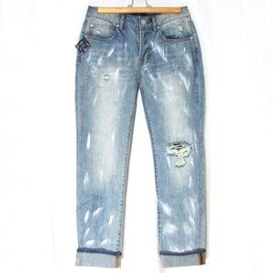 NASTY GAL Women High Rise Button Fly Distressed Cuffed Boyfriend JEANS Pants 26